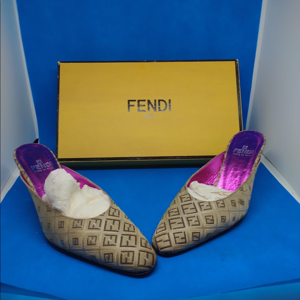 Fendi Zucca Slingback Mules Logo Pumps 35.5